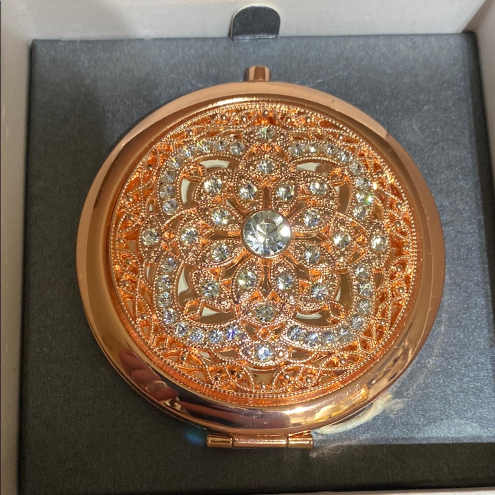 Rose Gold Compact Mirror with Rhinestones